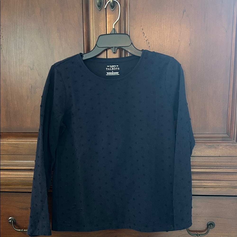 Talbots Navy Long-Sleeve Textured Dot Crewneck Shirt